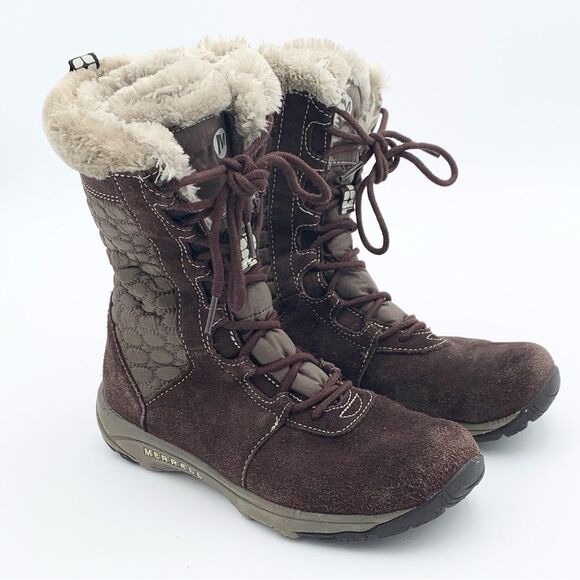 Merrell Women's Dark Brown quilted Winter Boots faux fur trim size 7.5 - Picture 1 of 12
